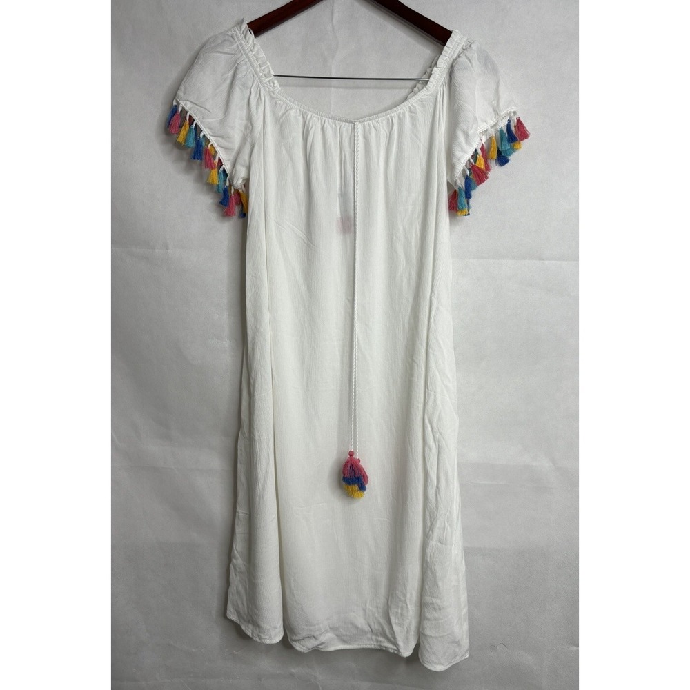 LC Waikiki Dress Womens 40 M L White Swim Cover Up Rainbow Tassel Beach NEW